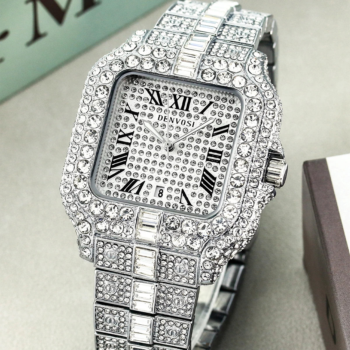 Luxury diamond watches for men Hip Hop Style Bling Bling Iced Out Wristwatch Fashion Square Stainless Steel Waterproof Clock 202