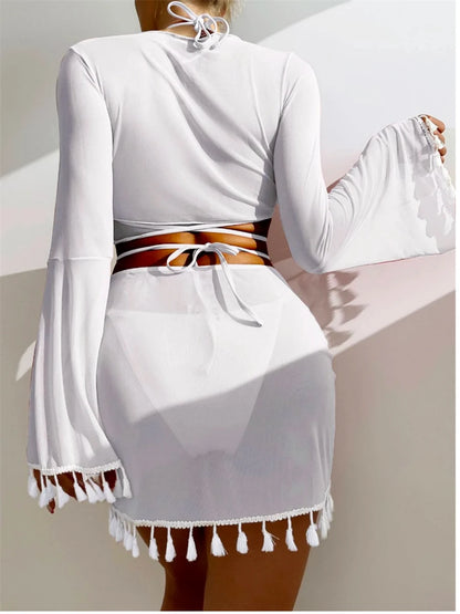 Sexy 4 Pieces Halter Bikinis Women Solid Swimwear Female Cover Up Swimsuit Long Sleeve And Skirt Bathing Suit Beachwear Summer