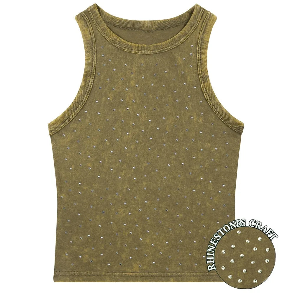 Y2k Cotton Solid Tank Tops For Womens Summer Sexy Sleeveless O-Neck Tight Washed Crop Tees Casual All-math Basic Streetwear