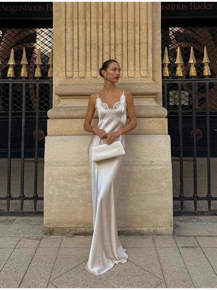 2025 Elegant Satin Solid Maxi Dresses Women Luxury Lace Splicing Sleeveless Off Shoulder Backless V-neck Robe Lady Party Outfits