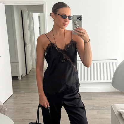 Linad Sexy Black Backless Lace Camisole Women Street Chic Spaghetti Strap Tops Female Casual Patchwork Silk Vest Female 2025