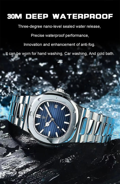 POEDAGAR Square Luxury Men Wristwatch Waterproof Luminous Date Stainless Steel Male Clock Business Sports Quartz Watches For Men
