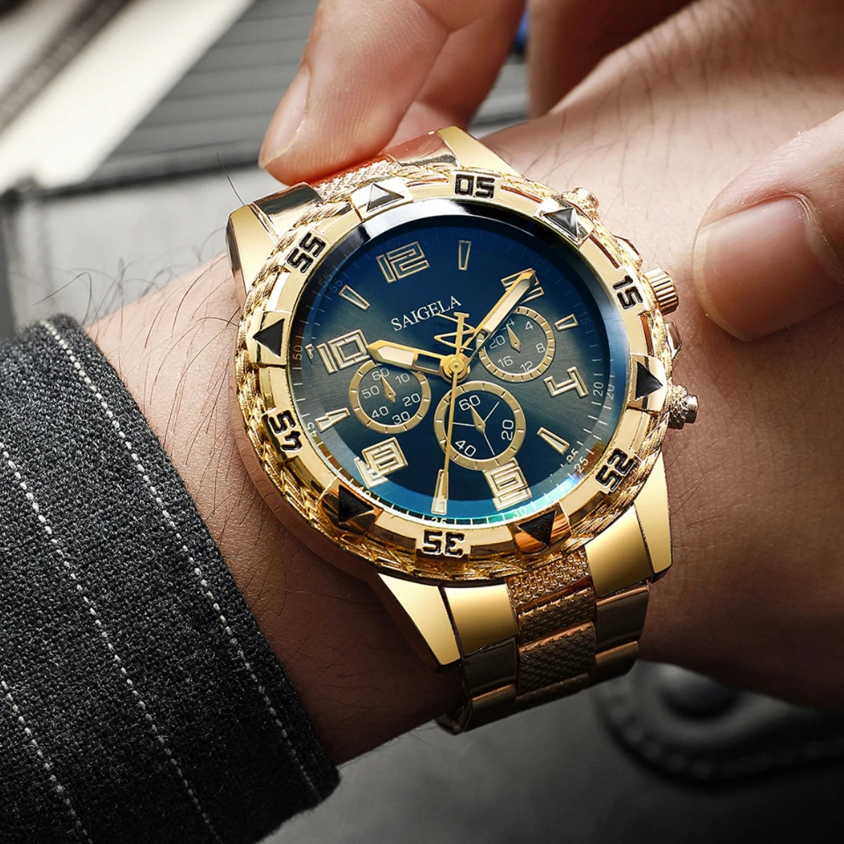 3PCS/Set Luxury Stainless Steel Band Men Business Watches Fashion Male's Quartz Watch Hip-hop Diamond Jewelry Set (Without Box）