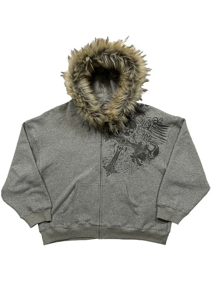 Autumn/Winter Y2k Women Aesthetic Harajuku Faux Fur Collar Hoodies Clothes Graphic Hip Hop Punk Gothic Zip Up Hoodies 2026 new