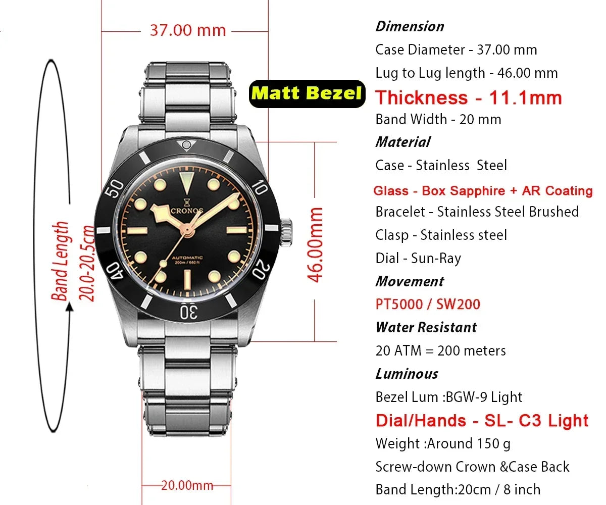 2025 Cronos Luxury Men's Watches 37mm Diver BB54 Vintage Automatic Matt/ Aluminum Bezel Female End Links Sapphire 20 Bar L6033