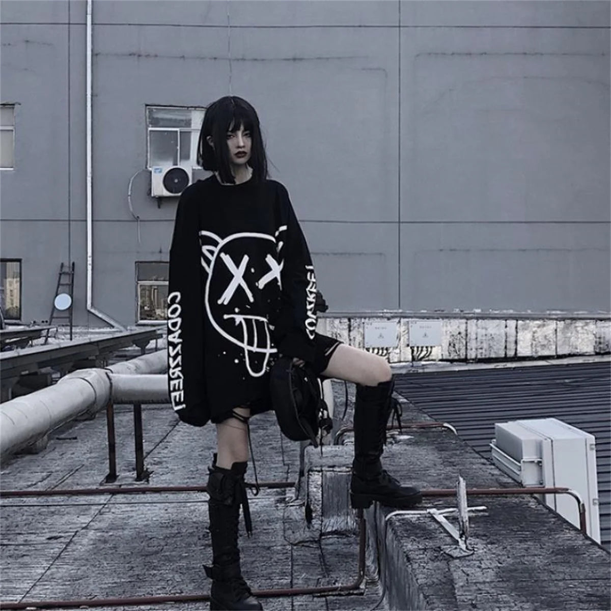 Cool Women Korean Fashion Oversized Long Sleeve T Shirt Hip Hop Punk Streetwear Girls Tees Black Loose Long Sleeve T Shirt Males