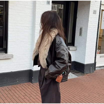 Brown Faux Fur Collar Leather Jacket Women Oversize Design Long Sleeve Coat 2025 Fashion Luxurious Versatile Bomber Outerwear