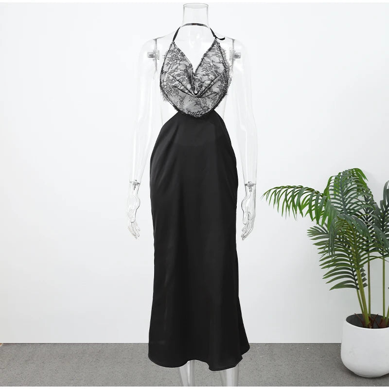Black Lace Patchwork Satin Backless Dress Women Sexy Strapless Off-Shoulder Maxi Fishtail Dresses 2026 Lady Chic Party Vestido