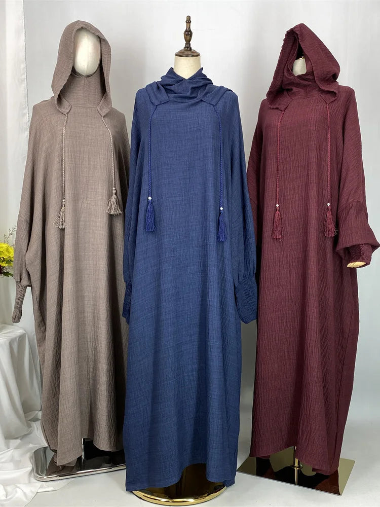 Hot Seller Ramadan Islamic Clothing Wrinkle Polyester Hoodie Abaya Dress With Undercap Muslim Women Abaya Hoodie Causal Dresses