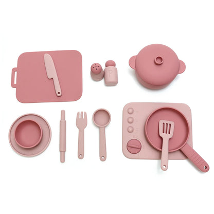Kids Pretend Play Kitchen Toys, Food-Grade Silicone Dish Set, Realistic Mini Cooking Toys with Bowls, Plates, Pots for Toddlers
