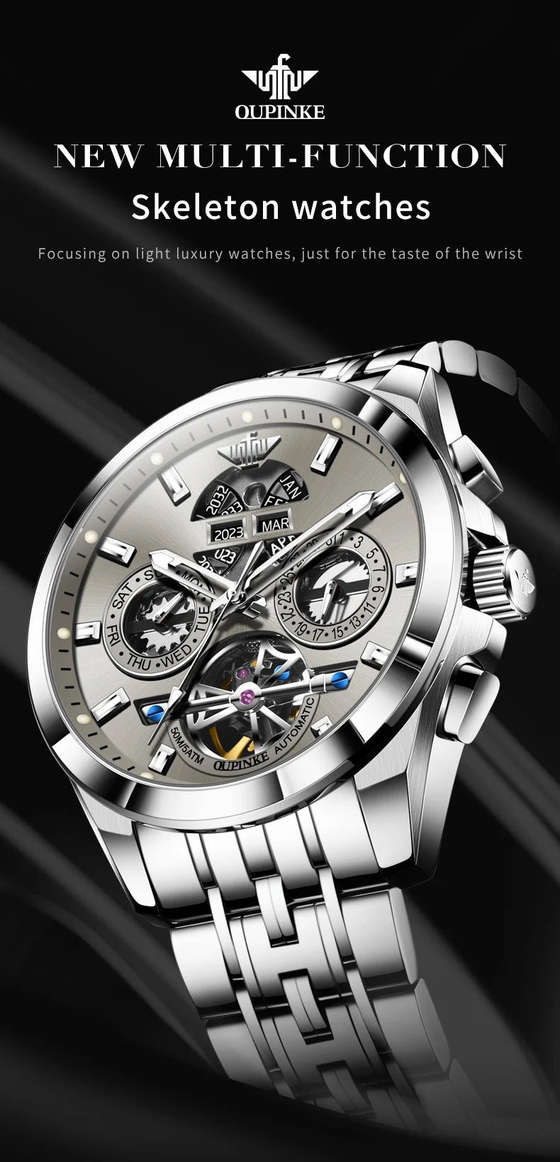 OUPINKE 3251 Men's Watches Flywheel Automatic Mechanical Original Wristwatch for Man Waterproof Luminous Perpetual Dual Calendar