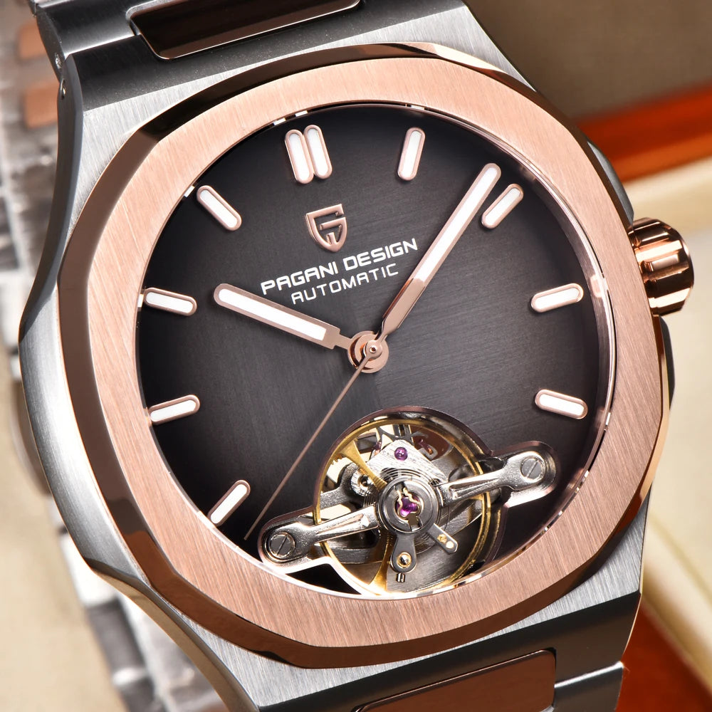 PAGANI DESIGN Tourbillon Men's Watches Rose Gold Top Luxury Automatic Watch For Men Mechanical Wristwatches AR Sapphire Luminous