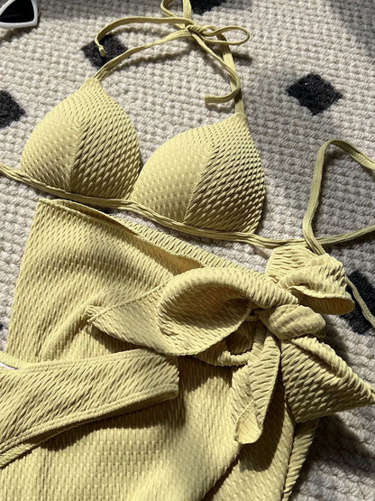 With Beach Sarong Bra Cup Wrinkled Bikini Female Swimsuit Women Swimwear Three-pieces Bikini Set Push Up Bathing Suit Swim Lady