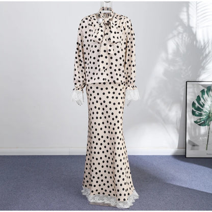 Satin Polka Dots V Neck Maxi Dress Suit Women Elegant Ribbon Full Sleeve Blouse Waist Cinching Long Skirt 2026 Lady Party Outfit