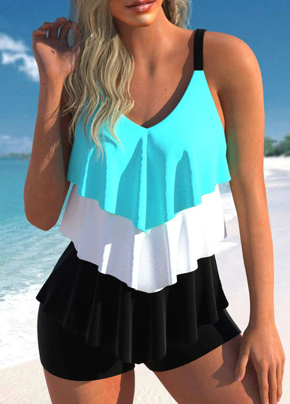 Women's New Summer Two-piece Set with Three-layer Ruffle Edge Printed Sexy Lace Up Casual Beach Swimsuit S-6XL