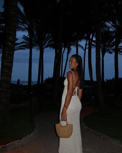 Sexy Knit Cut Out Tassel Spaghetti Strap Bodycon Beach Maxi Dress Summer Women's Holiday Club Party Outfit Swimsuit Cover Up K10