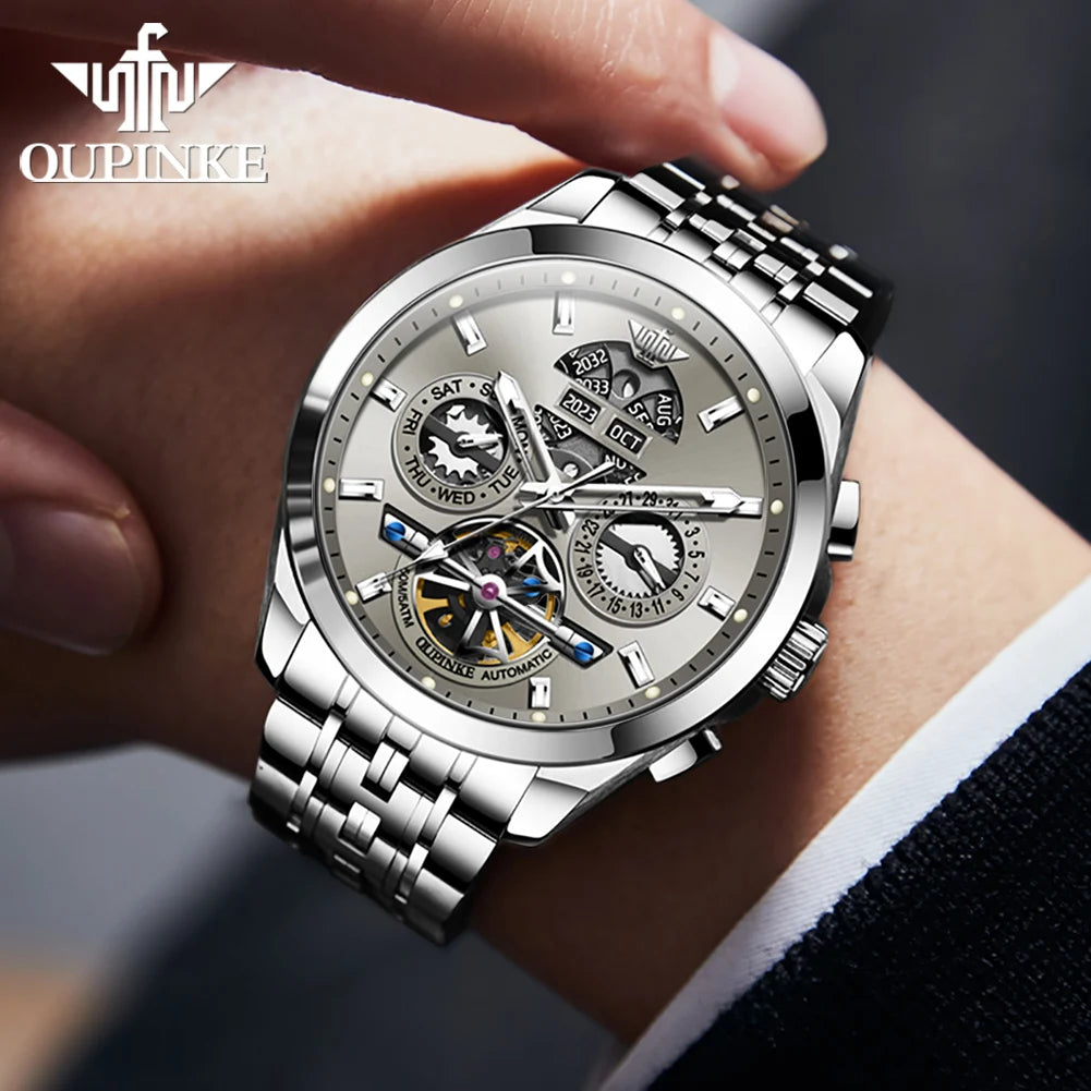 OUPINKE 3251 Men's Watches Flywheel Automatic Mechanical Original Wristwatch for Man Waterproof Luminous Perpetual Dual Calendar