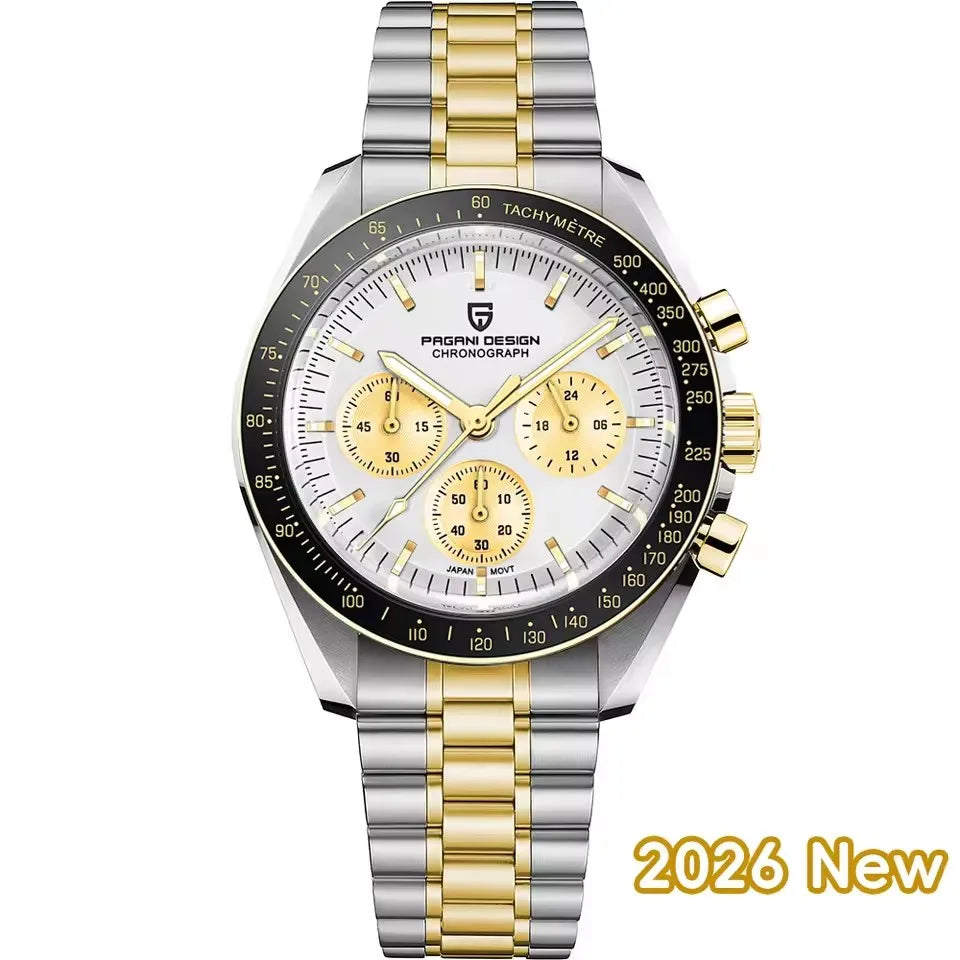 2026 New PAGANI DESIGN Gold Men's Quartz Watches Luxury VK63 Speed Sports Chronograph Watch Men AR Sapphire Ceramic Bezel Clock