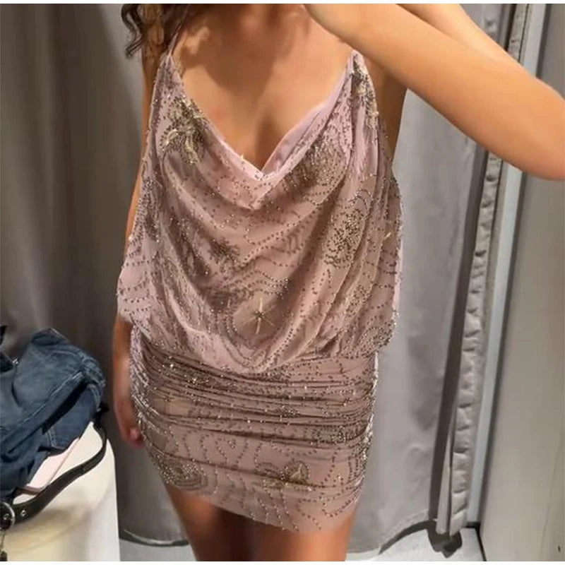 Sexy Sequin Women's Beads Sling Dress Fashion V-Neck High Waist Slim Fit Lady's Dresses Summer Beach Holiday Party Robes