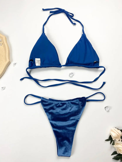 Sexy Velvet Swimsuit for Women, Micro Bikini Set, Thong Swim Suit, 2 Piece Bathing Suit for Ladies, Green String Bikini, 2022