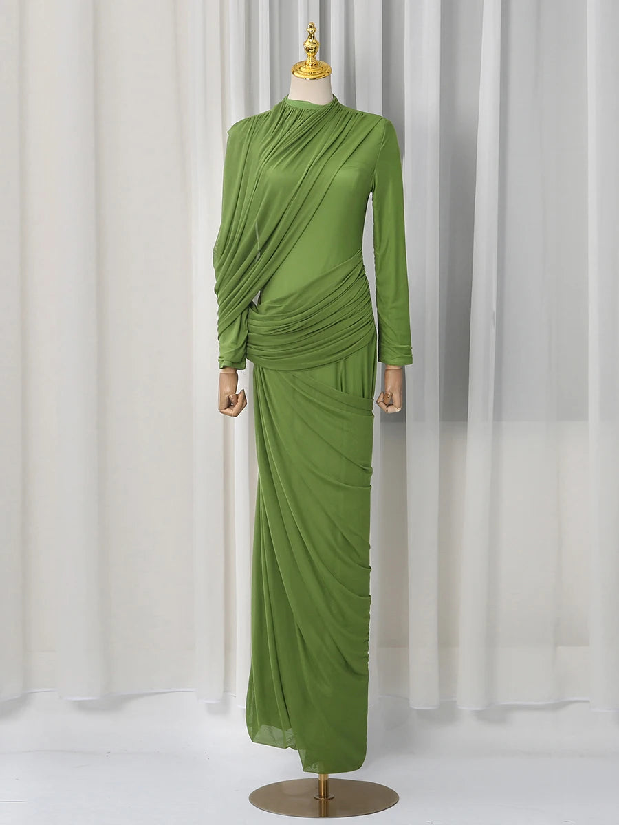 VGH Elegant Vintage Spliced Ribbon Dresses for Women Turtleneck Long Sleeve Irregular Folds Evening Luxurious Maxi Dress Female