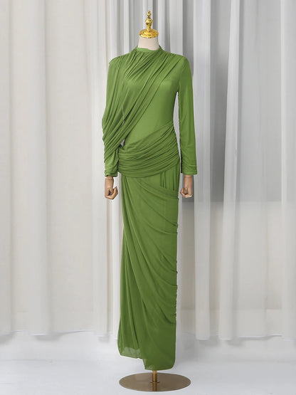VGH Elegant Vintage Spliced Ribbon Dresses for Women Turtleneck Long Sleeve Irregular Folds Evening Luxurious Maxi Dress Female