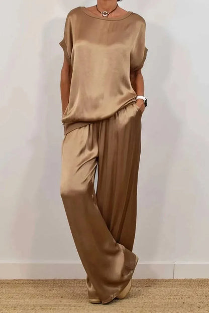 Casual Loose Satin T Shirt Pants Two Piece Sets Women Fashion O-neck Short Sleeve T Shirts Suit Spring Summer Wide Leg Pant Sets