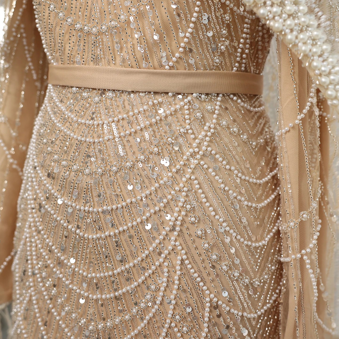 Sharon Said Luxury Pearls Dubai Champagne Evening Dresses with Cape New Arabic Women Mermaid Wedding Party Prom Dress SS369