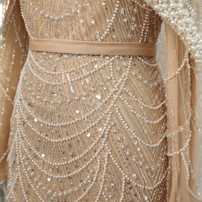 Sharon Said Luxury Pearls Dubai Champagne Evening Dresses with Cape New Arabic Women Mermaid Wedding Party Prom Dress SS369