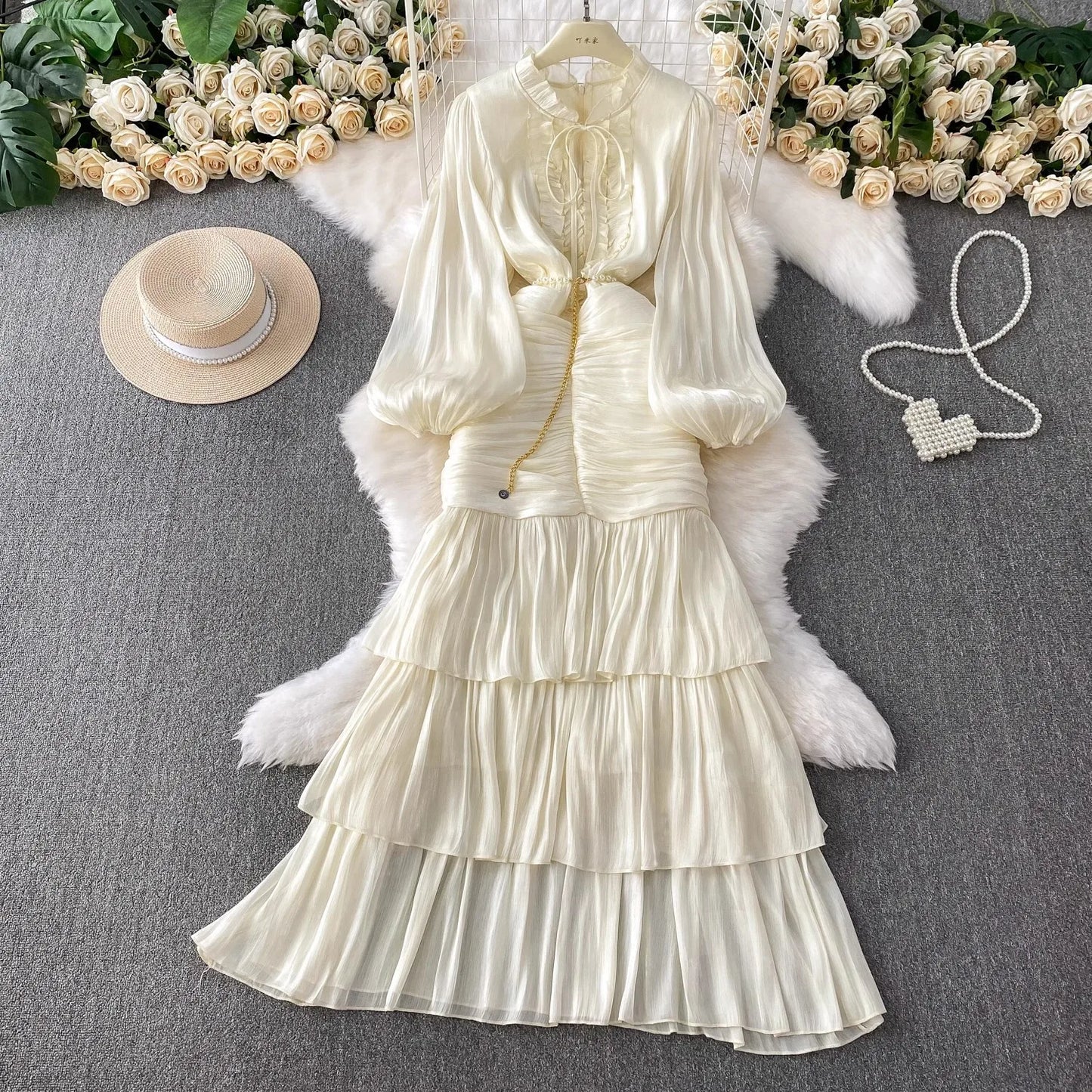 Elegant Autumn Ruffles Long Sleeve Maxi Mermaid Dress Women Hollow Out Casual Satin Fishtail Cake Dresses Prom Evening Vestidos