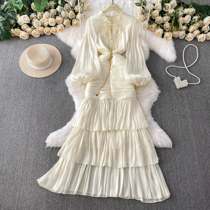 Elegant Autumn Ruffles Long Sleeve Maxi Mermaid Dress Women Hollow Out Casual Satin Fishtail Cake Dresses Prom Evening Vestidos