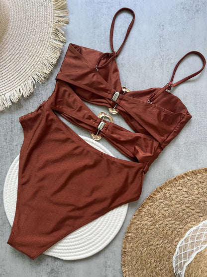3 Colors Sexy Metal Rings Cut Out Women Swimwear One Piece Swimsuit Female Bandeau High Leg Cut Bather Bathing Suit Swim B022D