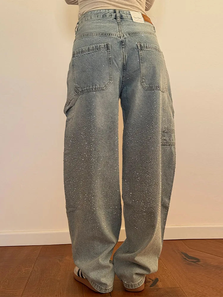 Chic Rhinestone Women's Jeans Y2k Street Oversize Loose Shining Female Wide Leg Pants 2025 Spring Summer Lady Denim Trousers