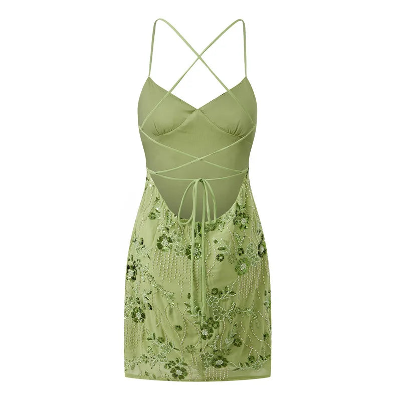 hirigin Sequin Beaded Cami Mini Dress Sexy Front V Neckline Sleeveless Short Dresses for Women Backless Criss Cross Straps Dress