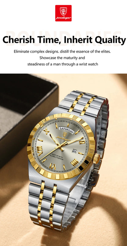 POEDAGAR Fashion Business Men's Watch Luminous Waterproof Week Date Luxury Man Wristwatch Stainless Steel Quartz Watches For Men