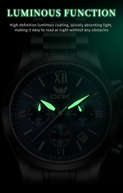 OPK 6052 Chronograph Quartz Wristwatch Original Steel Strap Waterproof Luminous Calendar Fashion Elegant Men's Business Watches