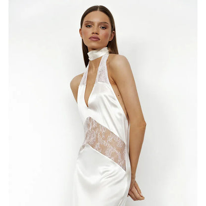 Elegant Lace Spliced Halter Long Dress Women Sexy Backless See Through Female Party Dresses 2025 Summer Lady Chic Evening Gowns