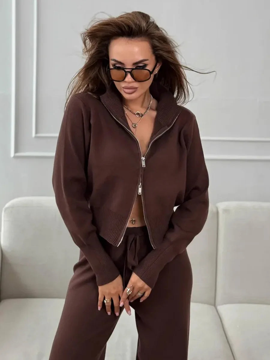 Blubelle Women's New Autumn Winter Zip Up Knit Set Trendy Slim Fit Cardigan Pants Chic Commuting Sweater Outfit