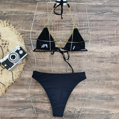 Brazilian Bikini Swimsuit for Women, Ring Linked Halter, Swimwear, Beachwear, 2025