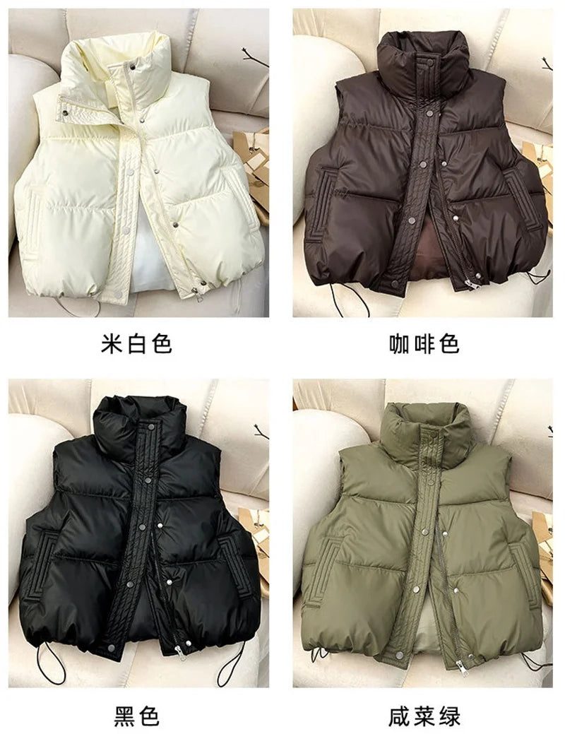 Winter Down Cotton Vest Jacket Women's 2025 New Sleevele Stand Parkas Warm Short Vest Coat Female Waistcoat Overcoat Ladies Tops