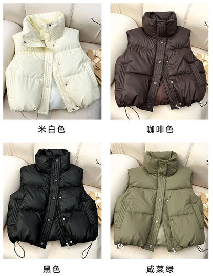 Winter Down Cotton Vest Jacket Women's 2025 New Sleevele Stand Parkas Warm Short Vest Coat Female Waistcoat Overcoat Ladies Tops