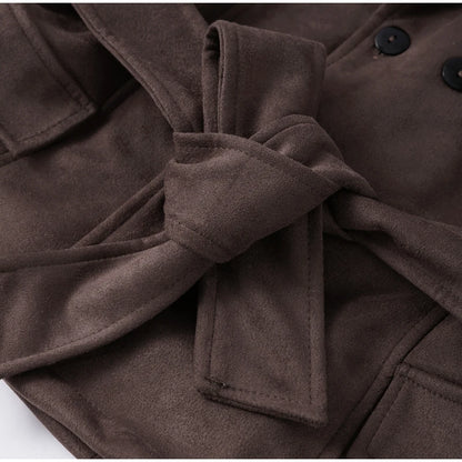 Women's Faux Suede Cropped Trench Coat Jacket Belted Notched Lapel Lace-up Retro Chic Outerwear Spring New High Street Outfit
