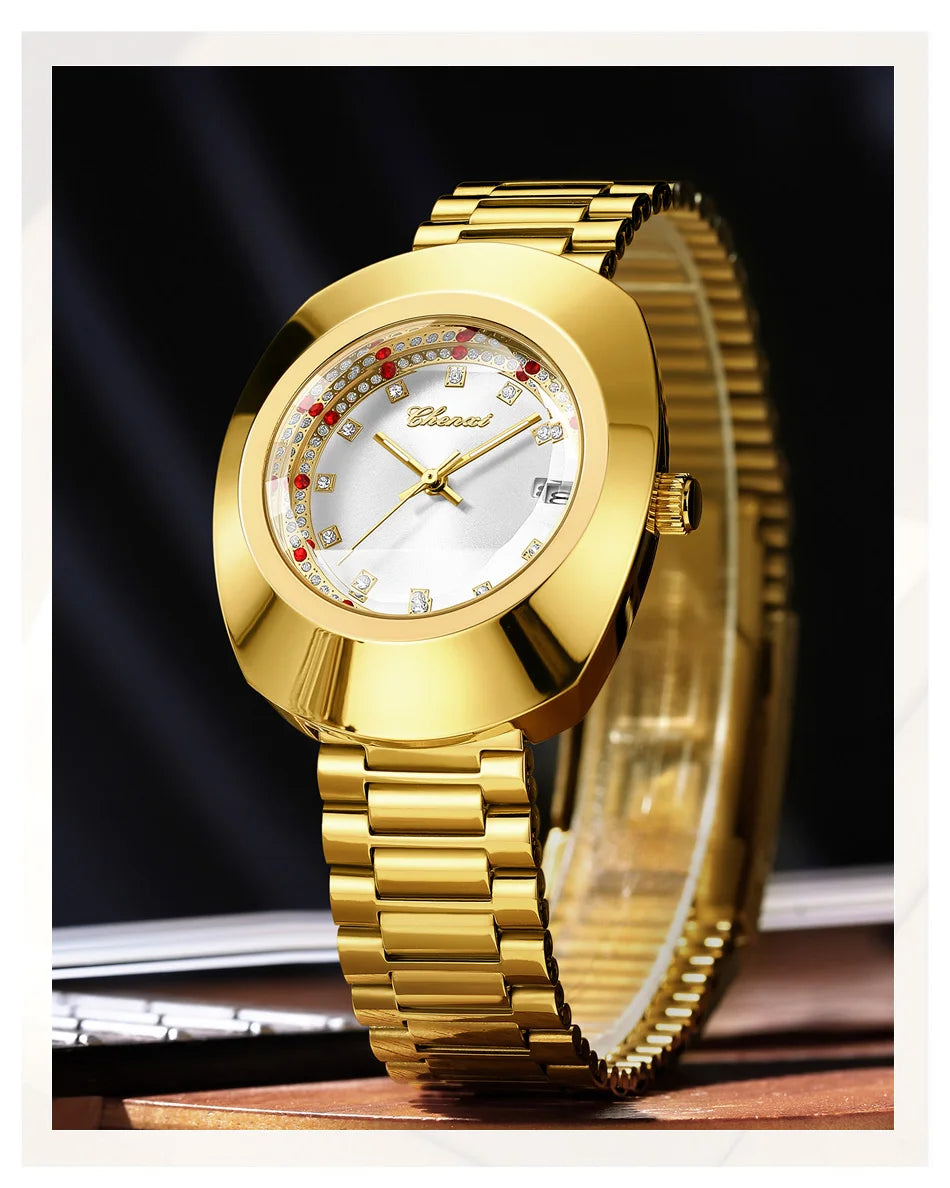 CHENXI Couple's Matching Quartz Watches Gold-Tone High-Fashion Diamond-Studded Waterproof Steel Bracelet Timepieces