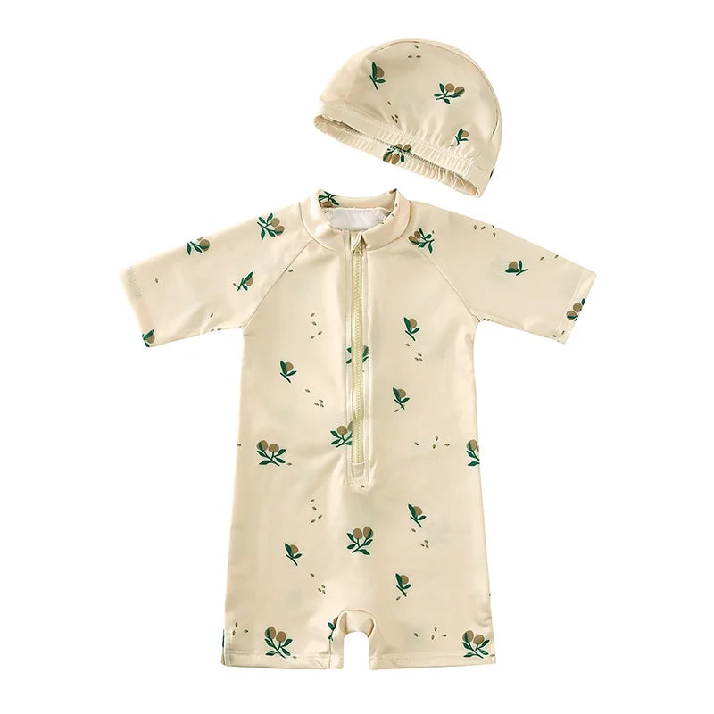 Girls Cute Backless Floral One-piece Swimsuit Baby Bikini Swimwear with hat Sun-proof Beach Vacation Toddlers Kids Chic Swimsuit