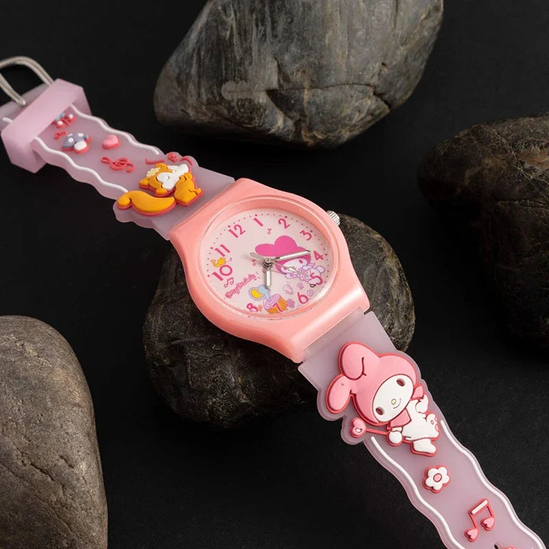 Sanrio 3D Pattern Children's Watch Cinnamoro Hello Kitty Waterproof Quartz Watch Kuromi Cartoon Silica Gel Watchband Kids