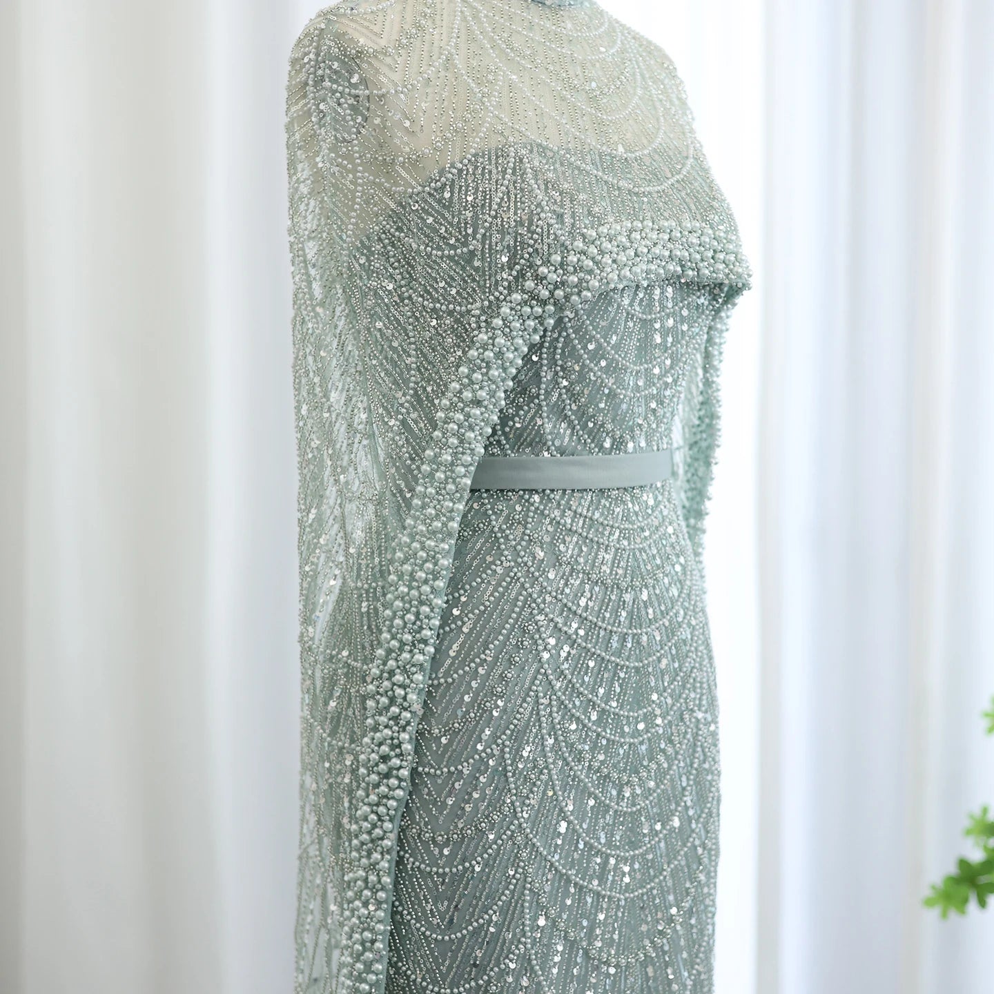 Sharon Said Luxury Pearls Dubai Champagne Evening Dresses with Cape New Arabic Women Mermaid Wedding Party Prom Dress SS369
