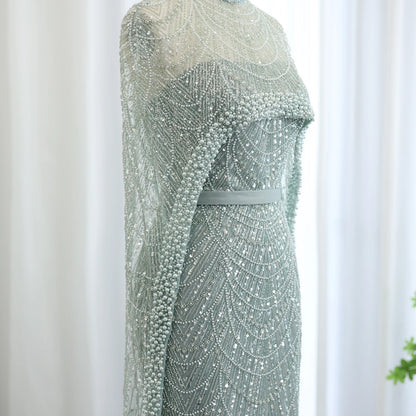 Sharon Said Luxury Pearls Dubai Champagne Evening Dresses with Cape New Arabic Women Mermaid Wedding Party Prom Dress SS369