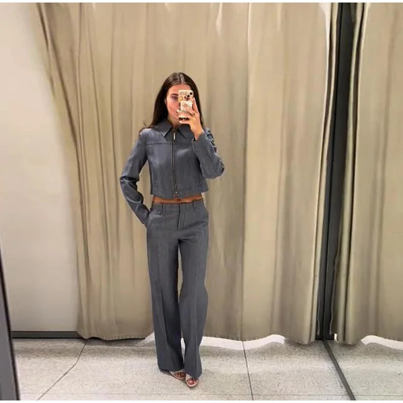 Casual Coats Pants Sets Women'S Turn-down Collar Long Sleeve Zippers Tops High Waist  Trousers 2026 Spring New Lady Chic Suit