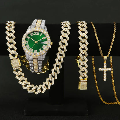 3/4PCS Hip Hop Iced Out Men's Watch Jewelry Set Luxury Rhinestone Quartz Wristwatch Cuban Link Chain Accessories（Without Box）