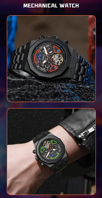 Luxury Tourbillon Watches Men Fashion Sport Rubber Strap Moon Phase Date Waterproof Automatic Mechanical Wrist Watch Man Reloj